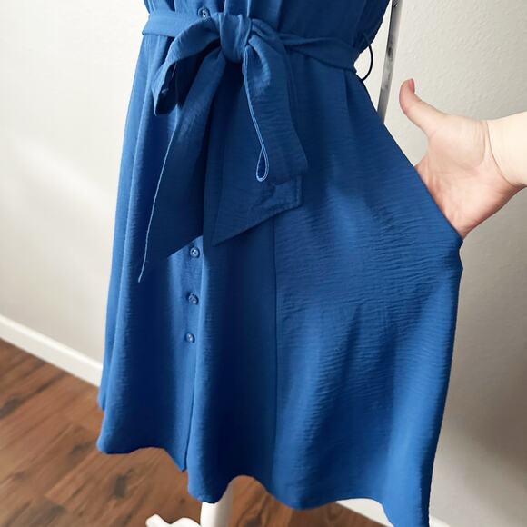 Calvin Klein Blue Button‎ Front Structured Shoulder Tie Waist Dress Size 8 NEW - Picture 3 of 10